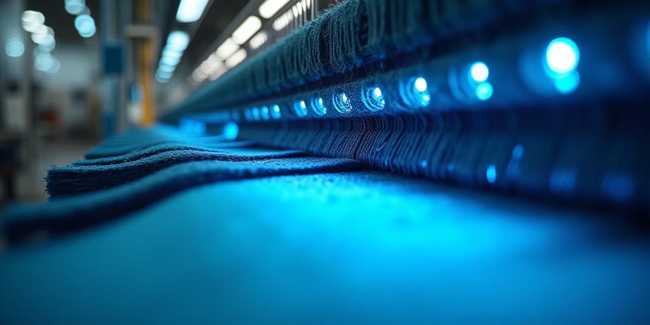 Close-up of a high-tech textile loom with integrated AI optical sensors monitoring fabric quality