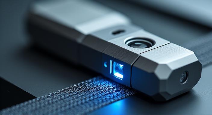 Close-up of industrial optical sensors mounted on a textile loom